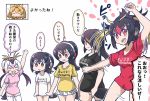  6+girls :d alternate_costume animal_ears arm_up bangs black_hair black_shirt blonde_hair blush bow bowtie breasts brown_eyes clothes_writing emperor_penguin_(kemono_friends) gentoo_penguin_(kemono_friends) hair_between_eyes hair_over_one_eye headphones humboldt_penguin_(kemono_friends) kemono_friends large_breasts long_hair looking_at_viewer low_twintails medium_breasts multicolored_hair multiple_girls open_mouth penguins_performance_project_(kemono_friends) pink_hair pink_shirt red_eyes red_shirt redhead rockhopper_penguin_(kemono_friends) royal_penguin_(kemono_friends) serval_(kemono_friends) serval_ears serval_print shirt short_hair short_sleeves simple_background skirt smile t-shirt tail tanaka_kusao thigh-highs translation_request twintails white_background white_hair white_legwear white_shirt yellow_shirt zettai_ryouiki 