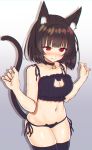  1girl absurdres animal_ears azur_lane bangs bare_arms bare_shoulders bell bell_choker black_bra black_choker black_legwear black_panties blush bra breasts brown_hair cat_cutout cat_ear_panties cat_ears cat_girl cat_lingerie cat_tail choker chromatic_aberration cleavage_cutout closed_mouth collarbone eyebrows_visible_through_hair fang fang_out fingernails frilled_bra frills hands_up highres honami_(yths4221) jingle_bell lingerie looking_away looking_down medium_breasts meme_attire navel nose_blush panties red_eyes shadow side-tie_panties solo tail thigh-highs underwear underwear_only yamashiro_(azur_lane) 