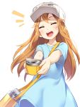  1girl :d asutora blue_shirt brown_eyes brown_hair commentary_request facing_viewer flat_cap hat hataraku_saibou highres long_hair open_mouth outstretched_arms platelet_(hataraku_saibou) shirt simple_background smile solo thermos white_background white_hat 