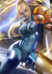  1girl banned_artist blonde_hair blue_eyes bodysuit breasts covered_navel electricity gun handgun holding holding_weapon looking_at_viewer metroid ponytail samus_aran serious solo toned transforming_clothes varia_suit weapon wristband zero_suit zumi_(zumidraws) 