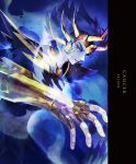  1boy aura blue_background blue_eyes blue_hair cancer_deathmask character_name dated fighting_stance fingerless_gloves from_side gauntlets ghost gloves gold_saint horns horocca looking_at_viewer looking_to_the_side male_focus parted_lips saint_seiya short_hair shoulder_armor solo spaulders 