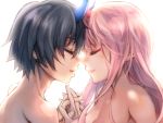  1boy 1girl bangs black_hair blue_horns breasts closed_eyes clothed_female_nude_male commentary_request couple darling_in_the_franxx eyebrows_visible_through_hair face-to-face facing_another forehead-to-forehead hand_holding herozu_(xxhrd) hetero hiro_(darling_in_the_franxx) horns interlocked_fingers long_hair looking_at_another medium_breasts nude oni_horns pink_hair red_horns short_hair spoilers zero_two_(darling_in_the_franxx) 