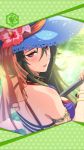  1girl artist_request bangle body_jewelry bracelet breasts flower framed_image gae_bolg_(phantom_of_the_kill) green_hair hat highres holding_object jewelry large_breasts long_hair official_art phantom_of_the_kill sun_hat swimsuit 