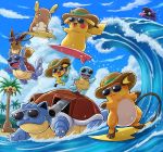 :3 alolan_exeggutor alolan_form alolan_raichu beach blastoise blue_sky clouds dancing eevee exeggutor eyewear_on_head gen_1_pokemon gen_7_pokemon hat instrument midair music no_humans open_mouth palm_tree pichu pikachu playing_instrument pokemoa pokemon pokemon_(creature) raichu riding shellder sitting sky smile squirtle straw_hat sun_hat surfboard surfing tree ukulele ukulele_pichu wartortle water waves