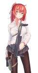  1girl ahoge bangs black_legwear black_skirt breasts bright_pupils candy closed_mouth collared_shirt commentary_request contrapposto dress_shirt food girls_frontline gun h&amp;k_mp7 hair_bobbles hair_ornament head_tilt heckler_&amp;_koch highres holding holding_gun holding_weapon inniyik large_breasts lollipop long_hair long_sleeves looking_to_the_side miniskirt mp7_(girls_frontline) pantyhose pink_hair pleated_skirt ponytail shirt simple_background skirt solo standing submachine_gun weapon weapon_request white_background white_shirt wing_collar yellow_eyes 