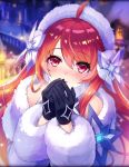  1girl ahoge ancient_killers_(phantom_of_the_kill) artist_request black_gloves blowing_on_hands blush coat earmuffs eyebrows_visible_through_hair fur_hairband fur_trim gloves hairband hercule_(phantom_of_the_kill) long_hair official_art phantom_of_the_kill red_eyes redhead snow town winter_clothes winter_coat 