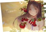  1girl bangs bare_shoulders brown_eyes brown_hair closed_mouth commentary dress english_commentary highres holding kuroduki_(pieat) long_hair looking_at_viewer original parted_bangs smile solo tareme tomato upper_body white_dress 