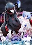  1boy 1girl bangs black_legwear blood bloody_clothes blue_eyes blue_flower blue_hair blue_rose caesar_(higyaku_no_noel) chains cloak dress flower formal gillian_littner higyaku_no_noel hood hooded_cloak jewelry magic_circle necklace night night_sky off-shoulder_dress off_shoulder rose short_hair sky smile suit white_suit 