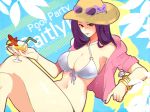  1girl aa2233a alternate_costume alternate_hair_color artist_name bangle bikini bracelet breasts brown_eyes caitlyn_(league_of_legends) character_name cleavage cocktail_glass cup drinking_glass drinking_straw english erect_nipples eyewear_on_hat hat jewelry knees_up league_of_legends legs_crossed lime_slice long_hair looking_at_viewer medium_hair nail_polish navel pool_party_caitlyn purple_hair purple_nails sitting solo sun_hat swimsuit watermark web_address 