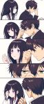  1boy 1girl 5koma bangs black_hair black_sailor_collar blunt_bangs chitanda_eru comic gakuran green_eyes highres holding holding_hair hyouka long_hair mery_(apfl0515) official_style oreki_houtarou sailor_collar school_uniform serafuku silent_comic simple_background upper_body violet_eyes white_background 