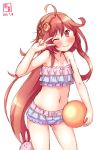  1girl :3 ahoge artist_logo ball bikini bunny_hair_ornament collarbone commentary_request cowboy_shot crescent crescent_hair_ornament dated frilled_bikini frills hair_ornament hair_ribbon highres kanon_(kurogane_knights) kantai_collection long_hair looking_at_viewer low-tied_long_hair navel one_eye_closed pink_hair red_eyes ribbon simple_background smile solo swimsuit uzuki_(kantai_collection) v v-shaped_eyebrows v_over_eye white_background white_bikini 