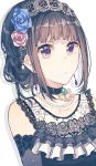  1girl bang_dream! bangs black_choker blue_flower blue_rose choker closed_mouth detached_sleeves drop_shadow earrings flower gocoli hair_flower hair_ornament headband highres jewelry looking_at_viewer necklace pearl_necklace pink_flower pink_rose rose shirokane_rinko simple_background solo upper_body violet_eyes white_background 