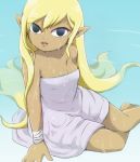  bandage bandaged_arm bandages barefoot black_eyes blonde_hair breasts cleavage dark_skin dress hair_between_eyes legs_together long_hair looking_at_viewer medium_breasts no_pupils open_mouth partially_submerged pointy_ears tetra the_legend_of_zelda the_legend_of_zelda:_the_wind_waker usushira water wet wet_hair 