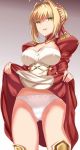  1girl ahoge blonde_hair breasts cleavage epaulettes farys_(afopahqfw) fate/extra fate/grand_order fate_(series) from_below gluteal_fold gradient green_eyes groin hair_between_eyes highres large_breasts nero_claudius_(fate) nero_claudius_(fate)_(all) panties self_exposure skirt skirt_lift thigh-highs thighs underwear white_panties 