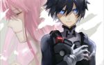  1boy 1girl bangs black_bodysuit black_hair blue_eyes bodysuit closed_eyes commentary_request couple darling_in_the_franxx eyebrows_visible_through_hair gloves hand_on_own_chest hetero hiro_(darling_in_the_franxx) long_hair looking_at_viewer pilot_suit pink_hair sa_nomaru shirtless short_hair white_gloves zero_two_(darling_in_the_franxx) 