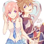  1boy 1girl breasts brown_hair commentary_request jacket jewelry kairi_(kingdom_hearts) kingdom_hearts kingdom_hearts_ii medium_hair necklace necktie ramochi_(auti) redhead school_uniform short_hair skirt sora_(kingdom_hearts) 