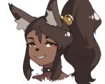  1girl animal_ears bell brown_eyes brown_hair collar eyeshadow fang furry grin hair_bell hair_ornament jingle_bell looking_at_viewer makeup original parted_lips ponytail portrait simple_background sleeveless smile solo spiked_collar spikes vins-mousseux white_background 