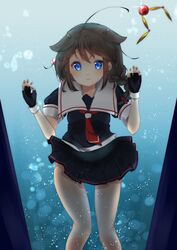  1girl absurdres ahoge air_bubble blue_eyes braid brown_hair bubble fingerless_gloves gloves hair_flaps hair_ornament hair_ornament_removed highres kantai_collection kazama_gorou necktie school_uniform serafuku shigure_(kantai_collection) single_braid solo underwater 