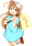  1girl :d absurdres bangs blue_shirt blush boots brown_eyes brown_footwear commentary_request eyebrows_visible_through_hair flag flat_cap grey_hat hair_between_eyes hands_up hat hataraku_saibou highres holding holding_flag knee_boots light_brown_hair long_hair looking_at_viewer open_mouth platelet_(hataraku_saibou) round_teeth shibakame shirt short_sleeves simple_background smile solo standing standing_on_one_leg teeth upper_teeth very_long_hair white_background 