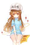  1girl :o bangs baocaizi blue_shirt blush brown_eyes character_name commentary_request english eyebrows_visible_through_hair flag flat_cap grey_hat grey_shorts hair_between_eyes hat hataraku_saibou head_tilt highres light_brown_hair long_hair looking_at_viewer parted_lips platelet_(hataraku_saibou) shirt short_shorts short_sleeves shorts sitting solo sparkle very_long_hair white_background 