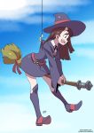  1girl :d belt black_ribbon blue_background blue_sky boots broom broom_riding brown_eyes brown_hair clouds cloudy_sky collared_shirt commentary dress english_commentary fingernails from_side glint hat high_heel_boots high_heels highres hook kagari_atsuko knee_boots kukuruyo little_witch_academia long_hair neck_ribbon open_mouth patreon_username profile purple_dress purple_hat ribbon shirt signature sky smile solo wand watermark white_shirt witch witch_hat 