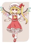  1girl ascot bangs blonde_hair bloomers blush bobby_socks bow collar collared_shirt commentary crystal eyebrows_visible_through_hair flandre_scarlet frilled_collar frilled_shirt frilled_shirt_collar frilled_skirt frilled_sleeves frills full_body hat hat_bow hat_ribbon looking_at_viewer mary_janes mob_cap petticoat poronegi puffy_short_sleeves puffy_sleeves red_bow red_eyes red_ribbon red_skirt red_vest ribbon shirt shoes short_hair short_sleeves side_ponytail skirt skirt_set smile socks solo standing standing_on_one_leg touhou underwear vest white_hat white_shirt wings yellow_neckwear 