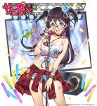  1girl :d badge beads black-framed_eyewear black_choker black_hair blue_eyes blush bracelet breasts button_badge choker cleavage copyright_name crown denim flower frog glowstick hair_beads hair_flower hair_ornament holding holding_microphone idol jewelry large_breasts lips long_hair looking_at_viewer microphone microphone_stand official_art open_mouth plaid short_shorts short_twintails shorts smile solo speaker stage_lights standing television_screen twintails uchi_no_hime-sama_ga_ichiban_kawaii watermark whoisshe wristband zipper zoom_layer 
