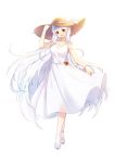  1girl :d arm_up bare_shoulders blush bow breasts crossed_legs dress full_body hand_on_headwear hat hat_bow head_tilt legs_crossed looking_at_viewer medium_breasts open_mouth original pointy_ears red_eyes sandals silver_hair simple_background skirt_hold sleeveless sleeveless_dress smile solo standing straw_hat sundress tp_(kido_94) upper_teeth watson_cross white_bow white_dress white_footwear 