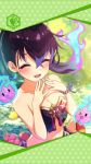  &gt;_o 1girl artist_request blush breasts cleavage closed_eyes fingers_together food framed_image fruit hair_between_eyes highres hitodama long_hair medium_breasts muramasa_(phantom_of_the_kill) official_art one_eye_closed open_mouth phantom_of_the_kill ponytail purple_hair smile swimsuit 