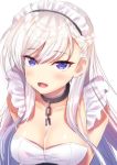  1girl :d azur_lane bangs bare_shoulders belfast_(azur_lane) blush braid breasts broken broken_chain chain chains cleavage collarbone commentary_request eyebrows_visible_through_hair hair_between_eyes highres honami_(yths4221) large_breasts long_hair looking_at_viewer maid_headdress open_mouth silver_hair simple_background smile solo violet_eyes white_background 