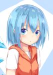  1girl :o absurdres alternate_costume arms_at_sides bangs blue_background blue_eyes blue_hair blush breasts casual cirno commentary_request contemporary enki_1021 expressionless eyebrows_visible_through_hair hair_between_eyes highres looking_at_viewer pointy_ears shirt short_hair short_sleeves simple_background sleeveless_jacket small_breasts solo touhou two-tone_background upper_body white_background white_shirt wings 