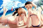  2girls ;d ahoge aqua_eyes artoria_pendragon_(all) ass bangs barefoot beach bikini black_bikini black_bow blonde_hair blue_eyes blurry blurry_background blush bow breasts cleavage clouds cloudy_sky collarbone commentary_request day eyebrows_visible_through_hair fate/grand_order fate/unlimited_codes fate_(series) food hair_between_eyes hair_bow happy holding horizon ice_cream long_hair looking_at_viewer lying multiple_girls mysterious_heroine_x necomi ocean on_stomach one_eye_closed open_mouth outdoors palm_tree ponytail profile saber_lily sand sky smile splashing swimsuit tree wet white_bikini 
