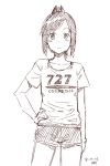  1girl alternate_costume casual cowboy_shot dated hand_on_hip i-401_(kantai_collection) kantai_collection kawashina_(momen_silicon) looking_at_viewer monochrome shirt shorts simple_background sketch standing t-shirt white_background 
