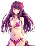  1girl amazima_mangetu artist_name bikini breasts cleavage cowboy_shot fate/grand_order fate_(series) flower hair_flower hair_ornament large_breasts long_hair looking_at_viewer navel pink_bikini purple_hair red_eyes scathach_(fate/grand_order) scathach_(swimsuit_assassin)_(fate) simple_background smile solo swimsuit under_boob wet white_background 