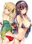  2girls ;3 absurdres adjusting_clothes adjusting_swimsuit ass bikini black_bikini black_hair blonde_hair blue_eyes breasts cleavage coffee_cup cowboy_shot cropped cup disposable_cup eyebrows_visible_through_hair fang hair_ribbon hairband highres jacket kasumigaoka_utaha large_breasts long_hair multi-strapped_bikini multiple_girls navel off_shoulder one_eye_closed open_clothes open_mouth open_shirt page_number purple_hair red_bikini red_eyes ribbon saenai_heroine_no_sodatekata sawamura_spencer_eriri scan shirt side-tie_bikini sideboob simple_background sketchbook sleeves_past_wrists small_breasts smile souji_hougu standing swimsuit track_jacket twintails white_background 