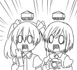  0_0 2girls bow breasts camera cellphone double_spoiler emphasis_lines flip_phone hair_between_eyes hair_bow himekaidou_hatate jeno monochrome multiple_girls open_mouth phone puffy_short_sleeves puffy_sleeves shameimaru_aya shoot_the_bullet short_hair short_sleeves surprised touhou twintails wing_collar 