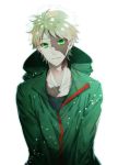  1boy blonde_hair burn_scar fugo_dressel green_eyes higyaku_no_noel hood hooded_jacket jacket scar scar_across_eye short_hair smile solo 