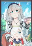  2girls absurdres alternate_costume beret blue_eyes blue_sky breasts closed_mouth clouds commentary_request day hair_between_eyes hair_ornament hair_over_one_eye hairclip hamakaze_(kantai_collection) hat highres jewelry kantai_collection kashima_(kantai_collection) long_hair long_sleeves looking_at_viewer multiple_girls neckerchief necklace school_uniform serafuku short_hair short_sleeves silver_hair sky smile smug twintails wavy_hair yellow_neckwear younger zuoteng_lucha 