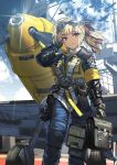  1girl adjusting_hair aircraft bag bf_109 blonde_hair blue_sky clipboard clouds day eyebrows_visible_through_hair from_below goggles goggles_on_head harness highres landing_gear looking_at_viewer military military_vehicle original propeller red_eyes satchel siqi_(miharuu) sky smile solo 