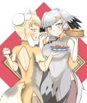  2girls adapted_costume alternate_hairstyle animal_ears back_cutout bun_cover chestnut_mouth china_dress chinese_clothes commentary double_bun dress extra_ears food fox_ears fox_tail grey_dress grey_hair head_wings highres john_(a2556349) kemono_friends looking_at_viewer looking_back mapo_doufu multicolored multicolored_clothes multicolored_dress multiple_girls notepad pencil shoebill_(kemono_friends) short_hair short_sleeves shoulder_blades side_slit simple_background sleeveless sleeveless_dress tail thigh-highs tibetan_sand_fox_(kemono_friends) yellow_eyes 
