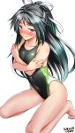  1girl artist_name black_hair blue_eyes blush collarbone competition_swimsuit covering covering_breasts embarrassed eyebrows_visible_through_hair flat_chest green_swimsuit hair_ribbon high_ponytail highres kantai_collection katsuragi_(kantai_collection) long_hair looking_at_viewer one-piece_swimsuit ponytail ribbon simple_background sitting solo swimsuit tears tsuchimiya wariza wavy_mouth white_background 