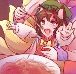  2girls animal_ears bacun cat_ears chen feeding food fork fox_tail highres kitsune meme multiple_girls multiple_tails outstretched_arms parody pasta plate spaghetti stain tail touhou 