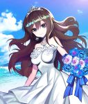  1girl blue_bow blue_flower blue_rose bouquet bow brown_hair choker closed_mouth clouds dress earrings flower green_eyes holding holding_bouquet idolmaster idolmaster_cinderella_girls idolmaster_cinderella_girls_starlight_stage jewelry kyundoo long_hair looking_at_viewer multicolored multicolored_rose outdoors rose shibuya_rin sky smile solo strapless strapless_dress tiara water white_dress white_flower white_rose 