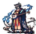  1girl :p animal_ears black_hair blue_fire cat cat_ears fire flower geta hair_flower hair_ornament hair_over_one_eye instrument japanese_clothes kimono koharu_(sennen_sensou_aigis) long_hair looking_at_viewer multiple_tails official_art sennen_sensou_aigis shamisen solo tail tail-tip_fire tongue tongue_out two_tails yellow_eyes youkai 