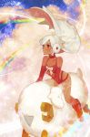  1girl altera_(fate) altera_the_santa amanohana bangs bare_shoulders boots bow bright_pupils choker clouds collarbone dark_skin detached_sleeves earmuffs fate/grand_order fate_(series) long_hair parted_lips rainbow red_choker red_eyes red_footwear riding sheep sleeves_past_elbows solo veil white_bow white_hair white_pupils 