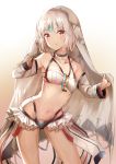  1girl :t absurdres altera_(fate) bangs bare_shoulders black_bikini_bottom breasts closed_mouth collar collarbone dark_skin detached_sleeves eyebrows_visible_through_hair facial_mark fate/grand_order fate_(series) forehead_mark full_body_tattoo highres looking_at_viewer navel pout red_eyes shiny shiny_hair short_hair silver_hair simple_background small_breasts solo sunhyun tattoo veil white_bikini_top 