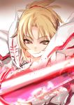  1girl armor blonde_hair endou_(zettai_bluenoid) eyebrows fate/grand_order fate_(series) glowing glowing_sword glowing_weapon green_eyes grin highres long_hair looking_at_viewer mordred_(fate) mordred_(fate)_(all) smile solo sword upper_body weapon 