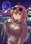  1girl absurdres ahoge alternate_costume aviator_sunglasses bangs blonde_hair blurry blurry_background blush breasts city_lights closed_mouth eyebrows_visible_through_hair eyewear_on_head ferris_wheel girls_frontline green_eyes hands highres large_breasts long_hair looking_at_viewer m1918_bar_(girls_frontline) meme_attire night open-chest_sweater outdoors ribbed_sweater sidelocks smile solo sunglasses sweater upper_body very_long_hair 