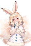  1girl :3 animal_ears arctic_hare_(kemono_friends) blush bow buttons choir_(artist) coat commentary_request drill_hair elbow_gloves eyebrows_visible_through_hair finger_to_mouth fur_trim gloves highres kemono_friends long_hair rabbit_ears red_eyes shawl solo white_hair winter_clothes 