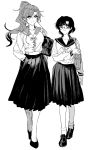  2girls bag bangs bishoujo_senshi_sailor_moon bookbag commentary_request earrings eyebrows_visible_through_hair full_body glasses greyscale hattori_masahiko high_contrast highres jewelry kino_makoto mizuno_ami monochrome multiple_girls pleated_skirt ponytail school_bag school_uniform serafuku shoes sidelocks skirt smile stud_earrings walking 